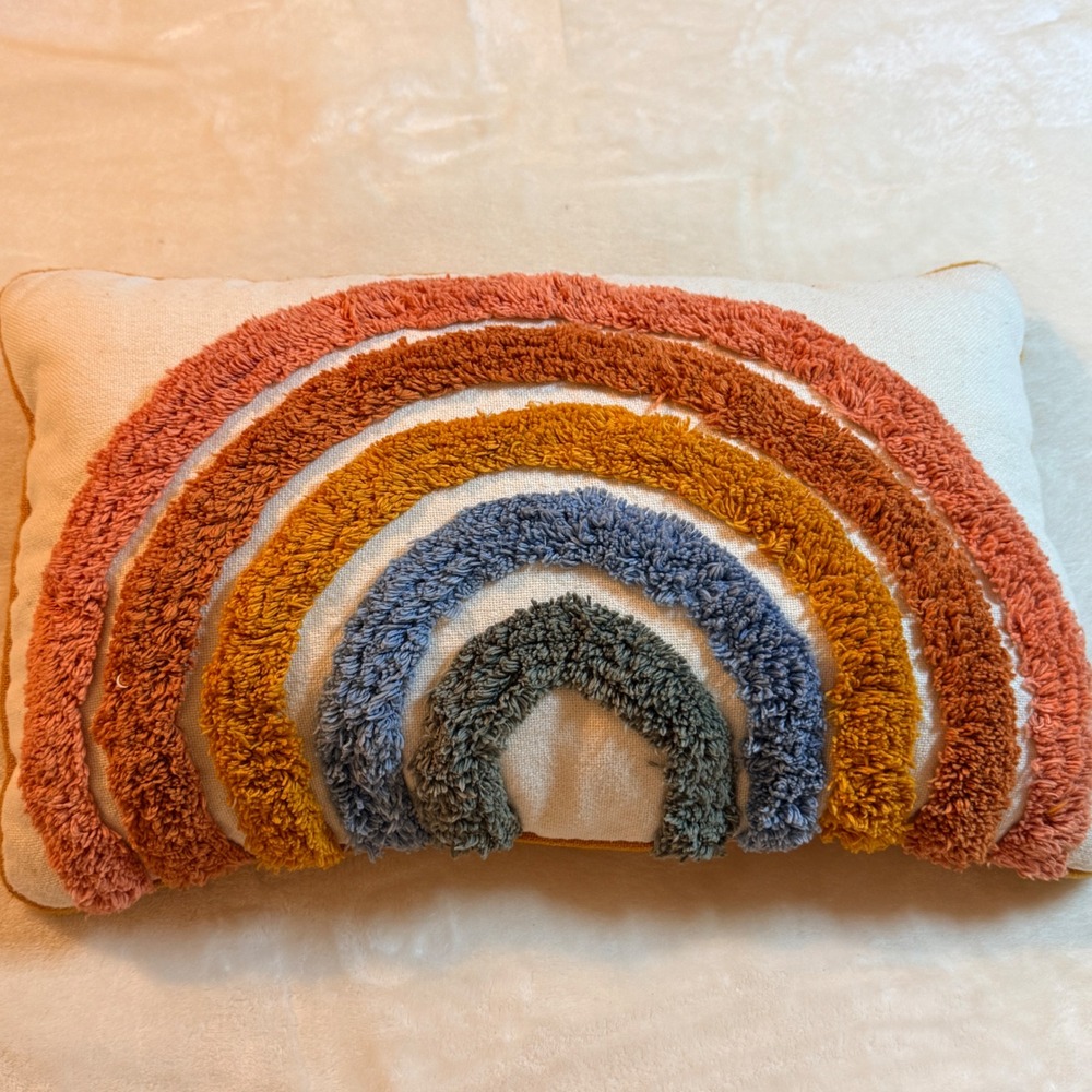 Boho Tufted Rainbow Lumbar Pillow Textured Shag Embroidery Mustard Yellow Back